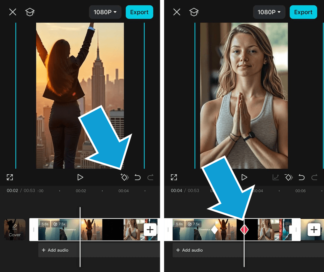 Keyframe buttons in the CapCut mobile interface