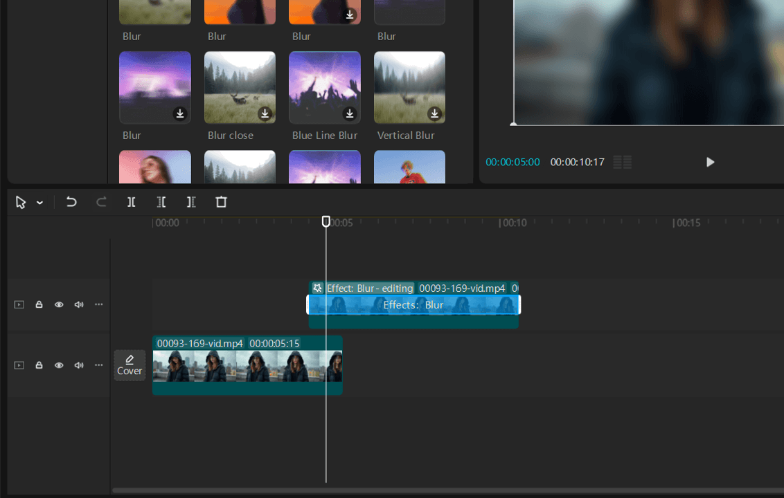 Timeline layering for adding a blur transition in CapCut