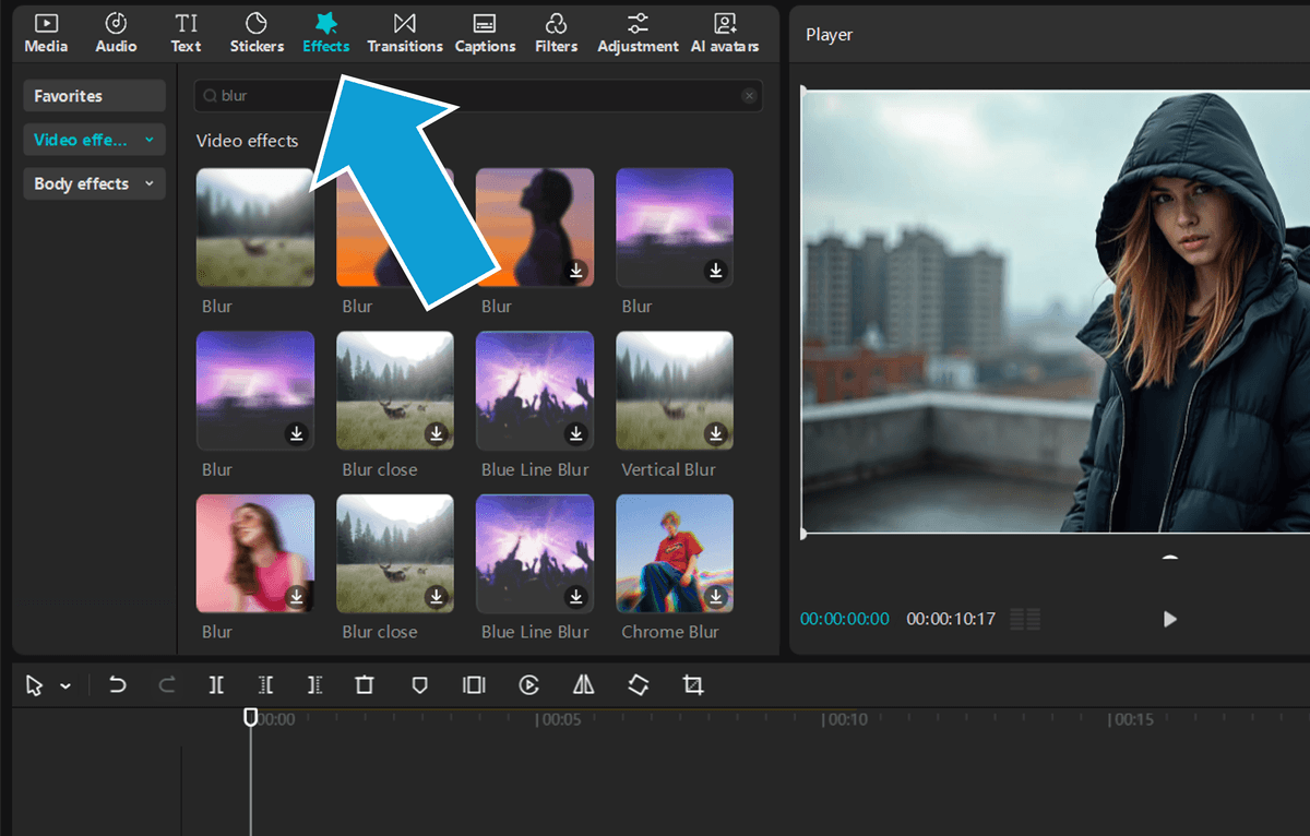 Adding a blur effect from the Effects menu in CapCut desktop