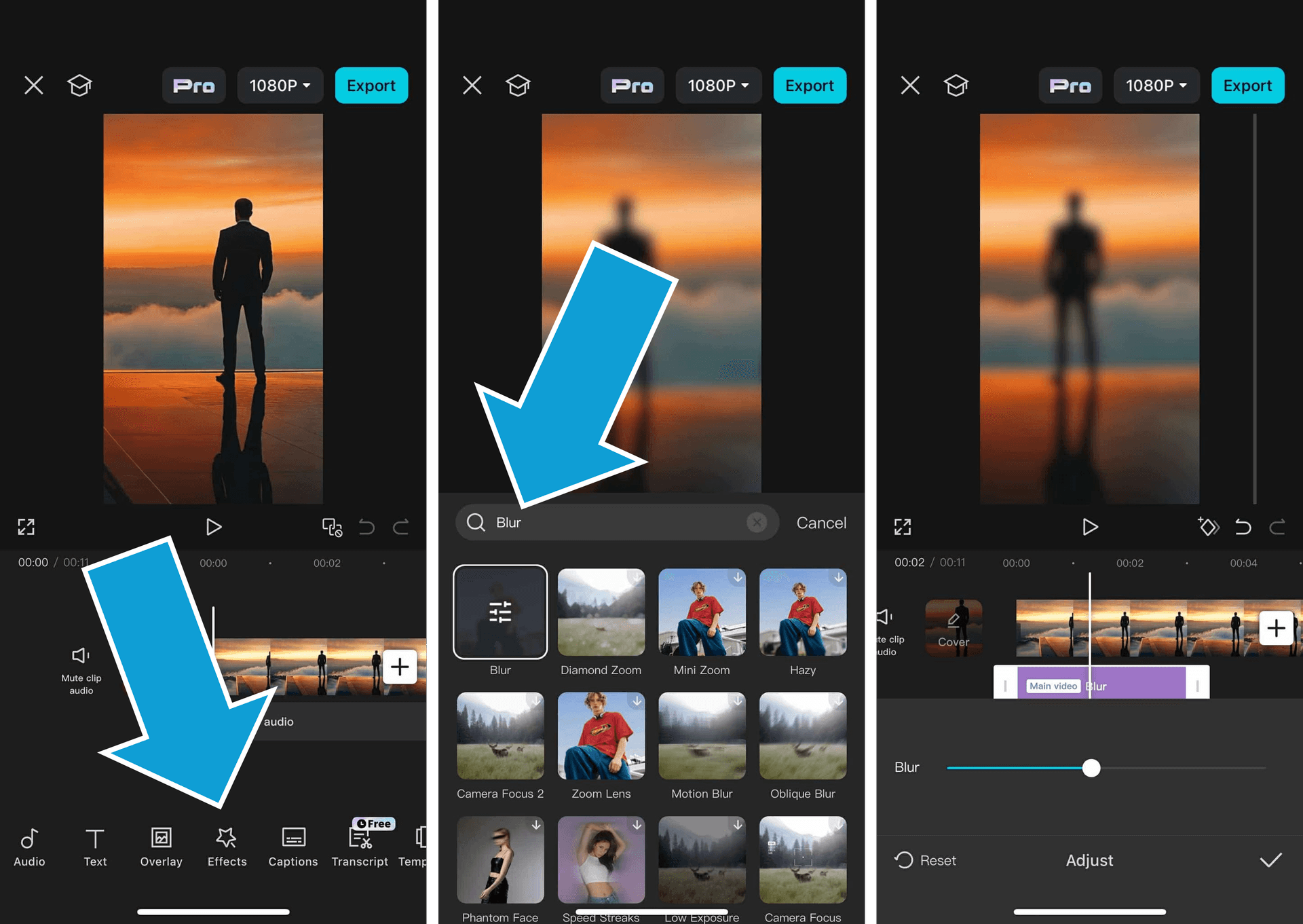 Adding a blur effect in CapCut mobile editor
