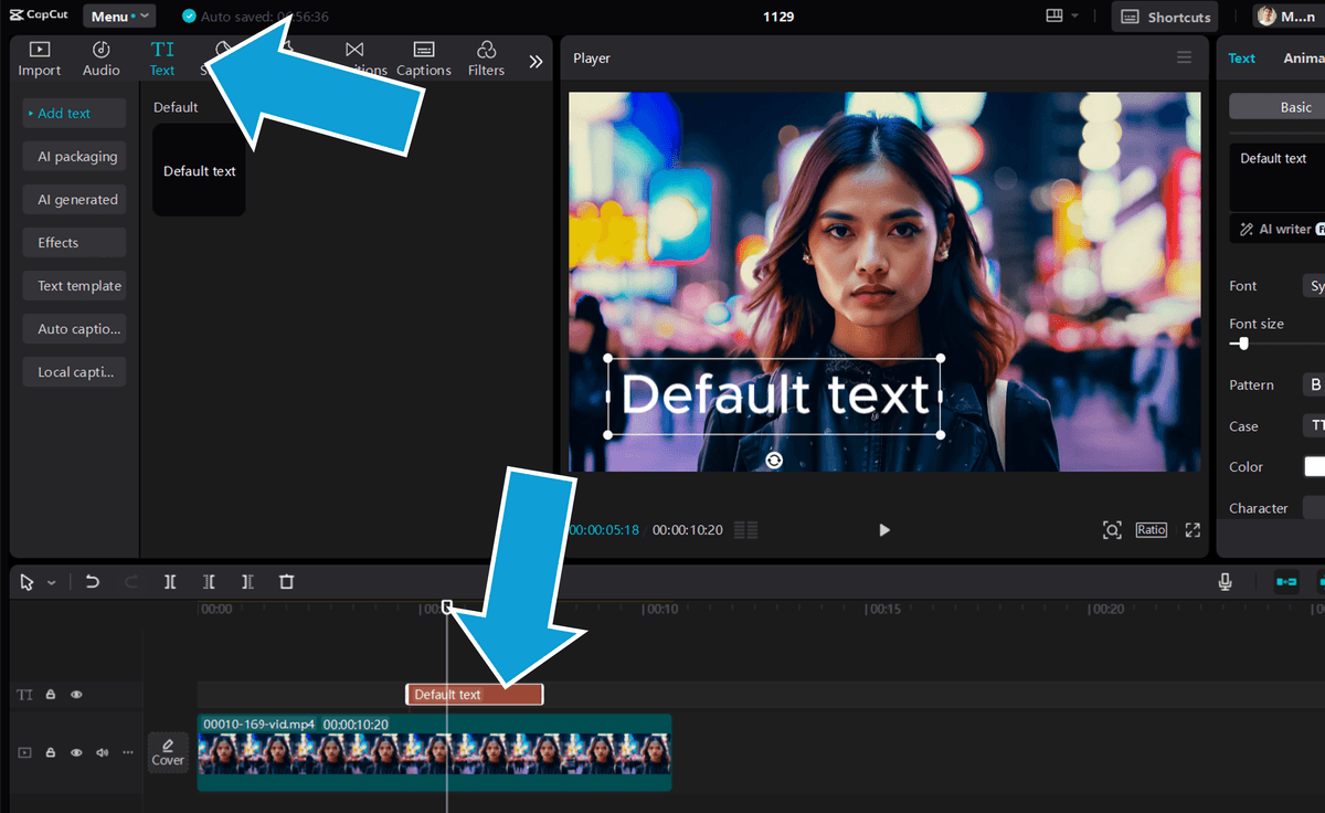 Adding a default text box in the CapCut desktop app