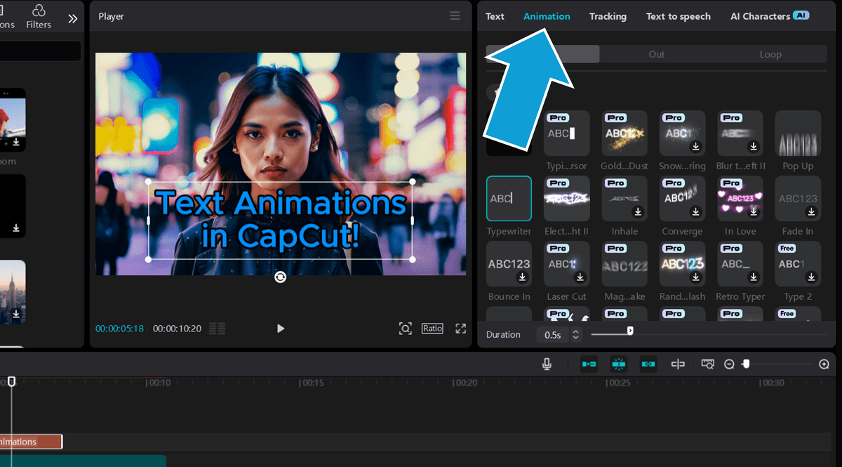 Adding animation effects to text in the CapCut app