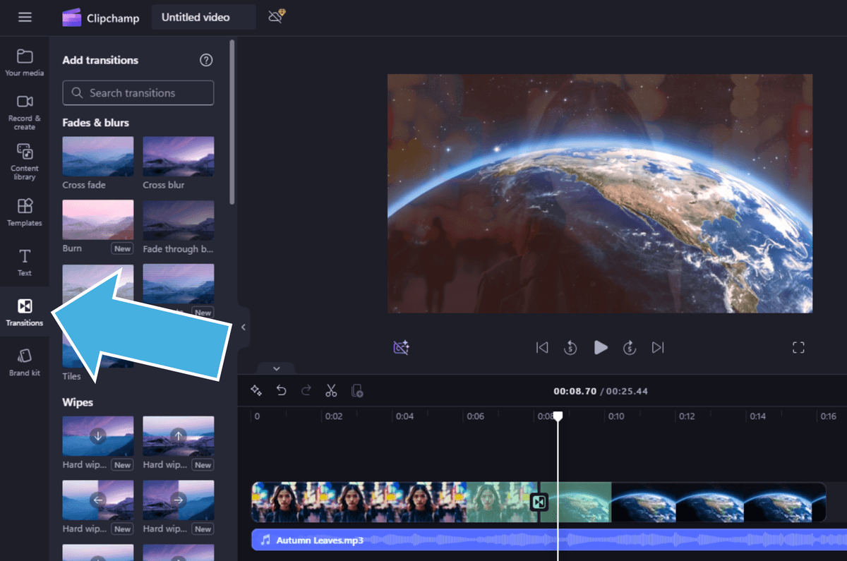 adding transitions in Clipchamp
