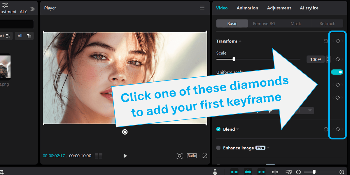 Location of keyframe diamond shaped icons in the CapCut desktop app