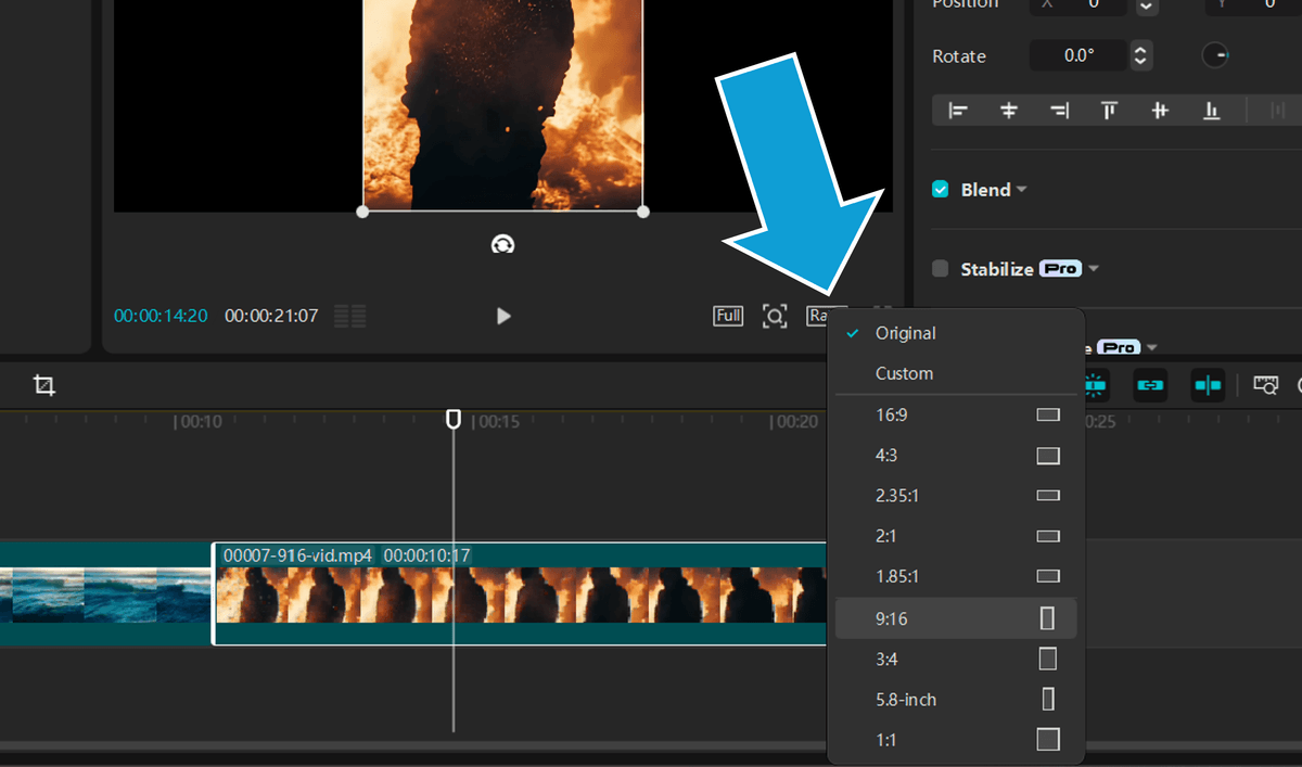 Setting the aspect ratio in CapCut