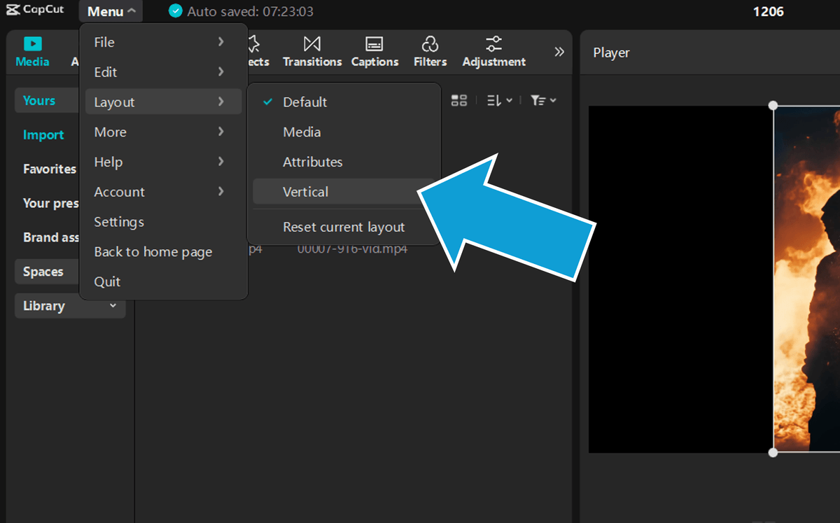 Selecting a vertical layout user interface in CapCut
