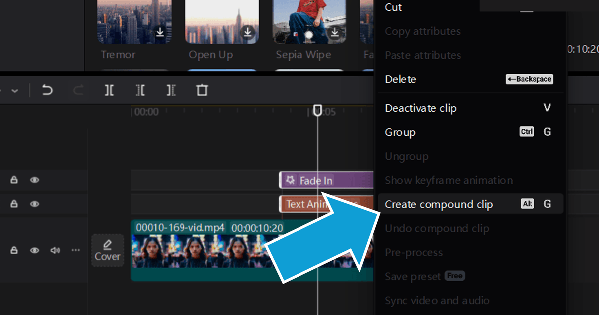 Creating a compound clip to effectively add effects to only the text template in CapCut