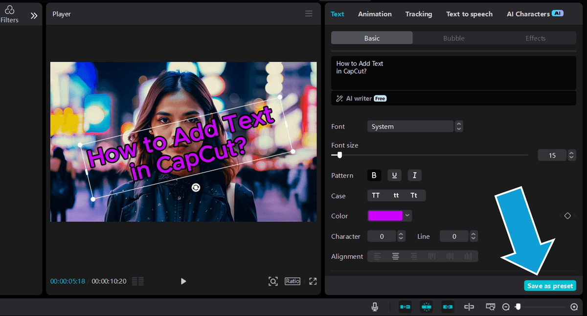 Editing text styles in the CapCut desktop app and saving as a preset