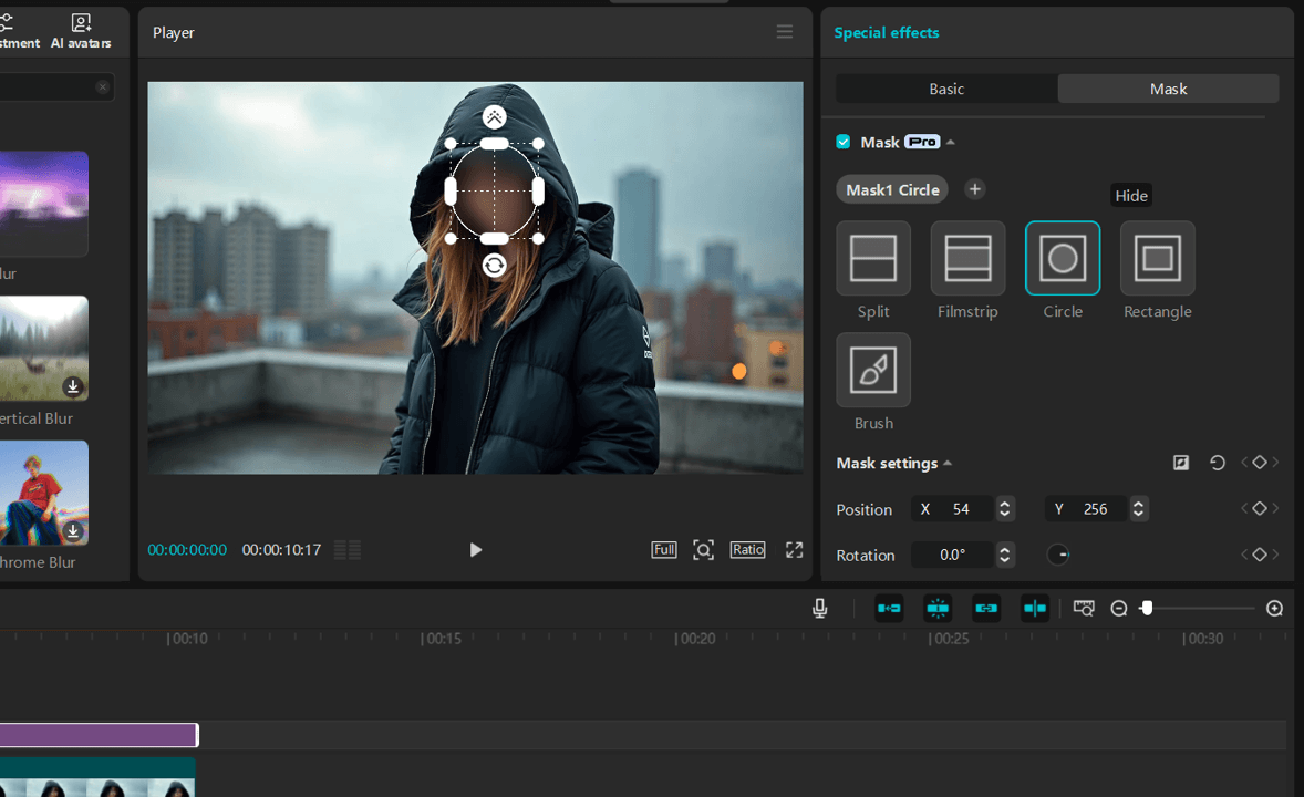 Blurring a face with a tracking mask in CapCut