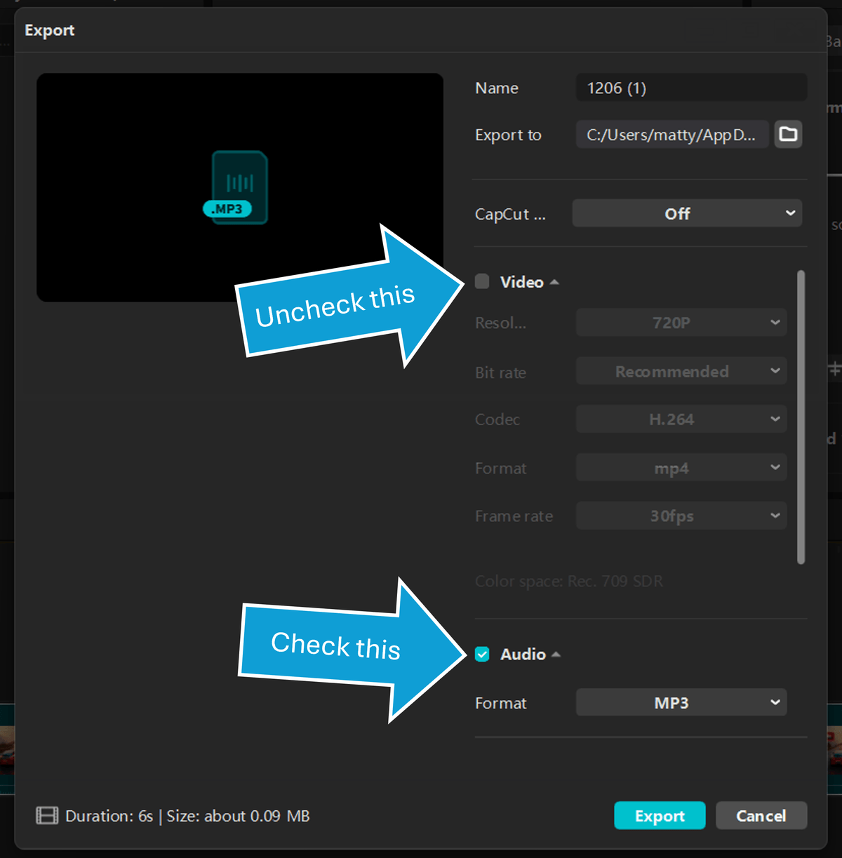 How to export mp3 audio from CapCut PC