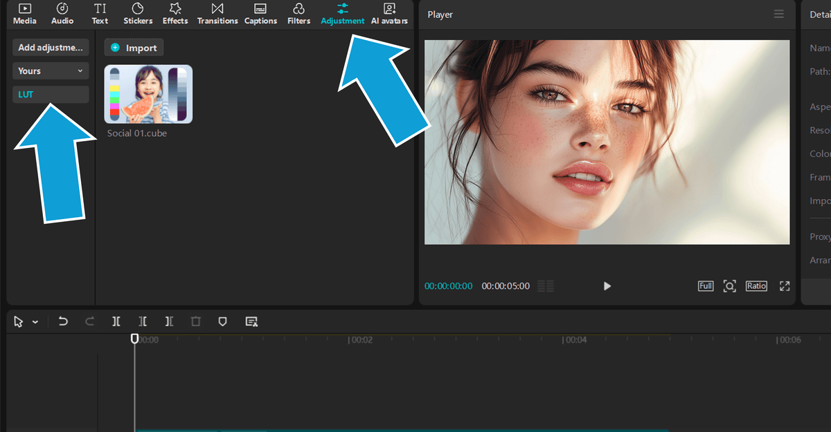 Showing where to import LUTs to your CapCut project on PC