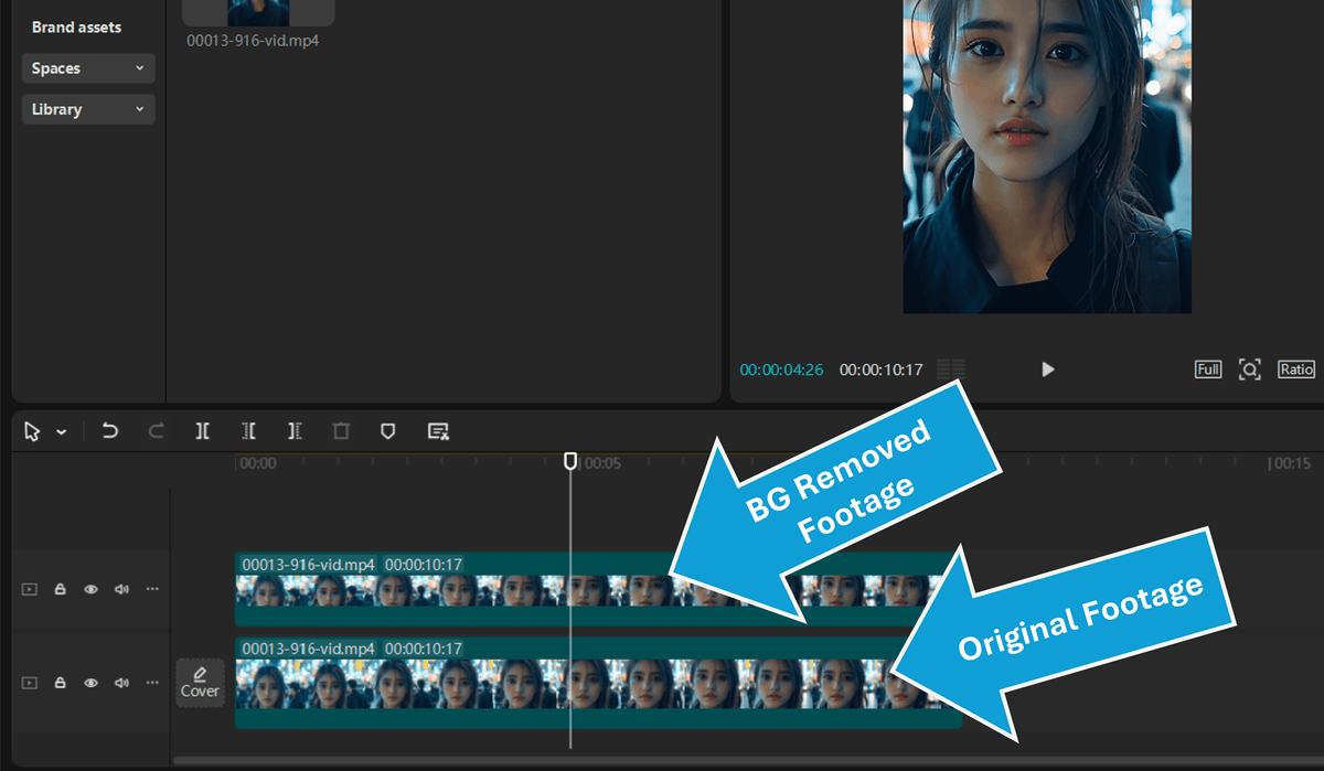 Layering background removed and original footage in CapCut