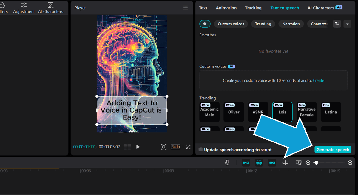 Locating the generate speech button in CapCut PC