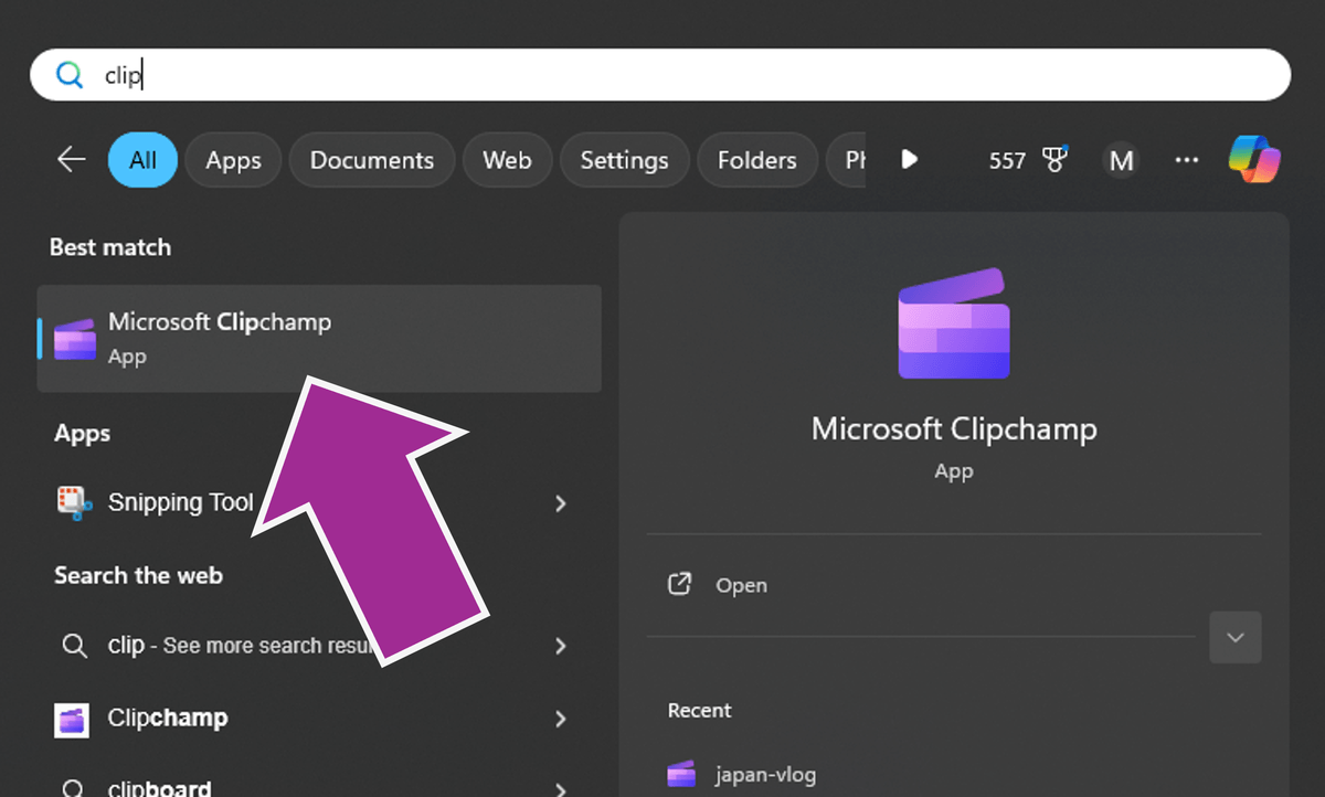 Finding Microsoft Clipchamp located in the windows start menu