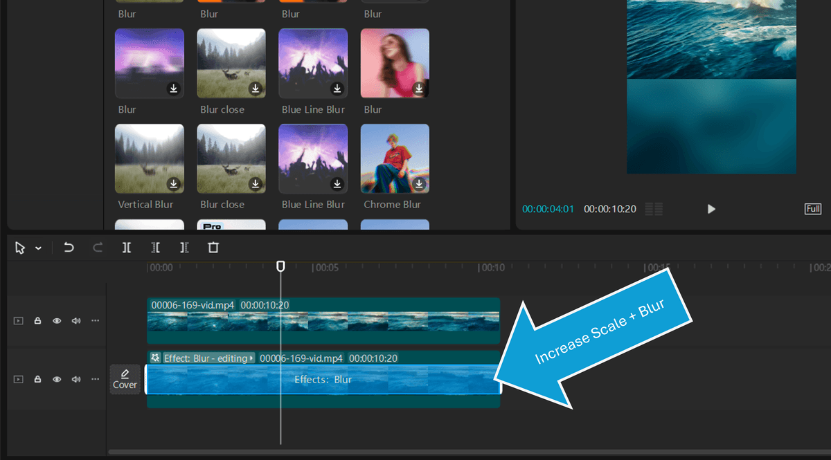 Showing the timeline layout for working with horizontal footage in vertical on CapCut