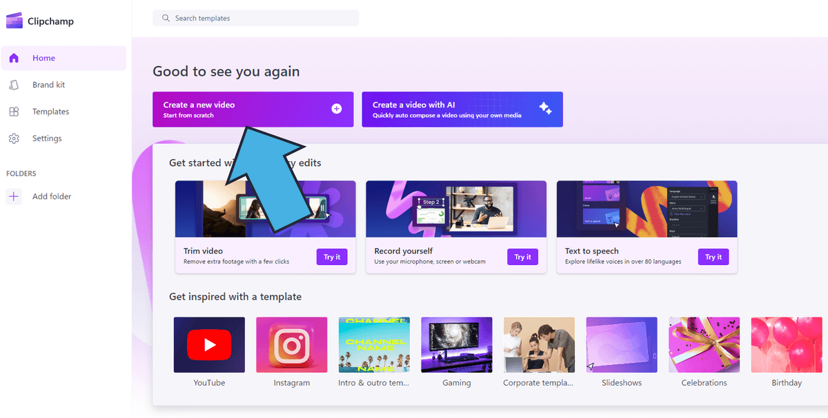 User-interface - Creating a new video in Clipchamp