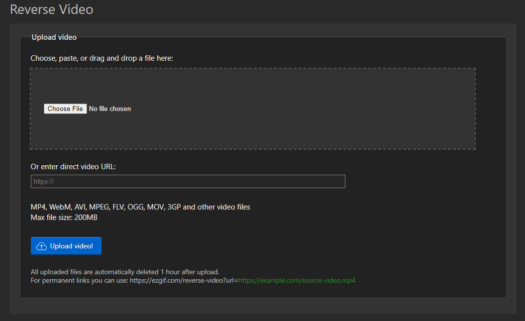 Uploading your video to the ezgif reverse video tool