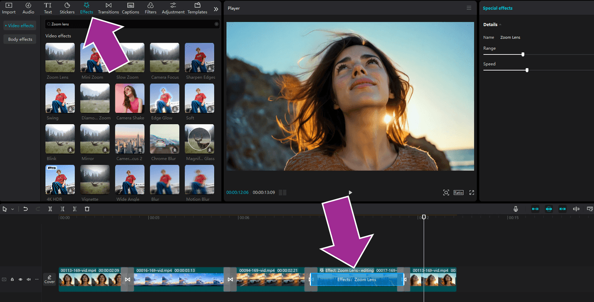 Adding a zoom lens effect in CapCut