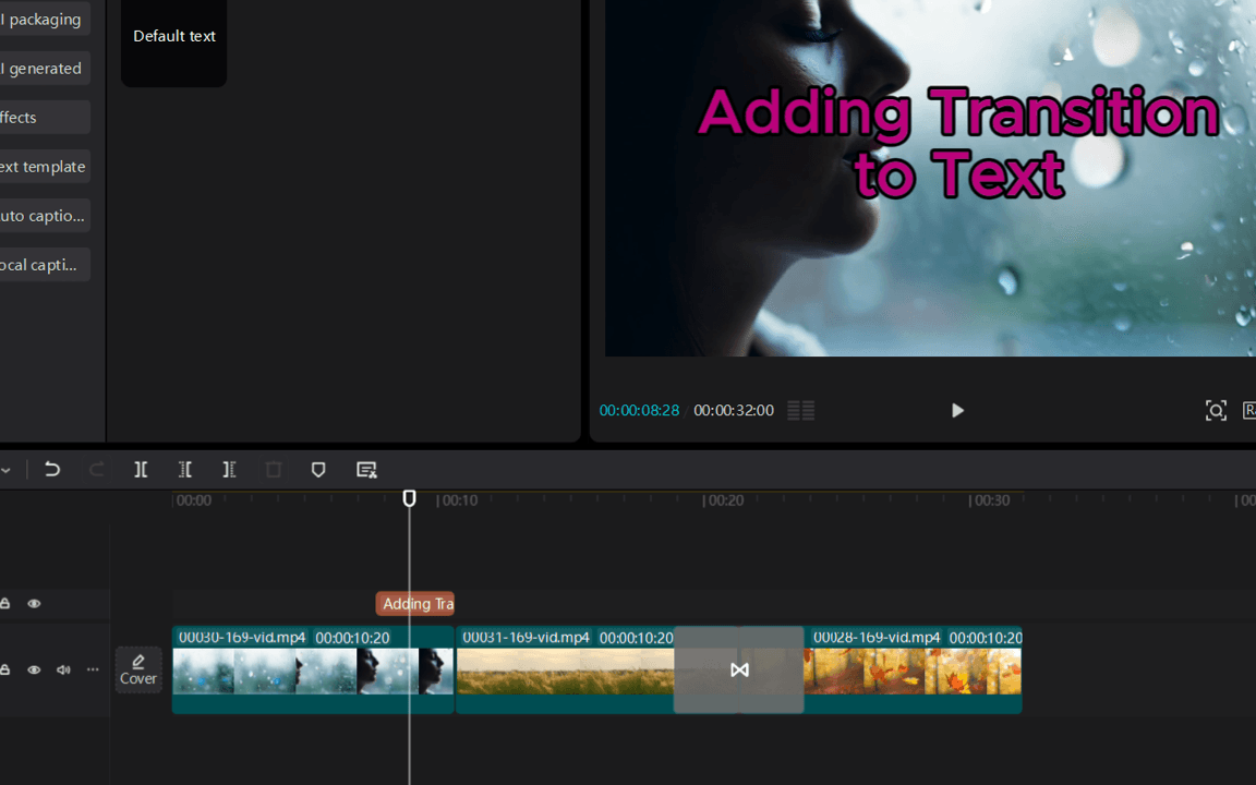 adding text and positioning it on the CapCut timeline for a transition