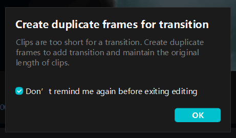 Create duplicate frames for transition notification in CapCut