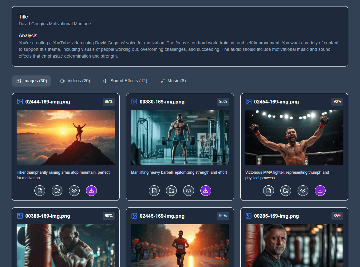 Createthat.ai AI search results for David Goggins motivational YouTube video content