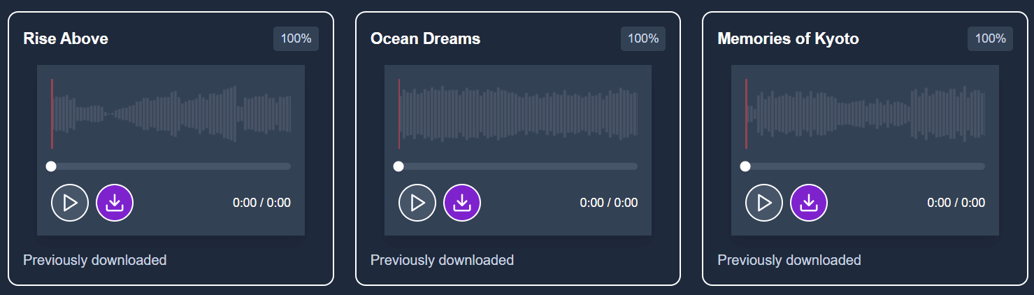 Createthat royalty free music tracks displayed for download in the user Dashboard