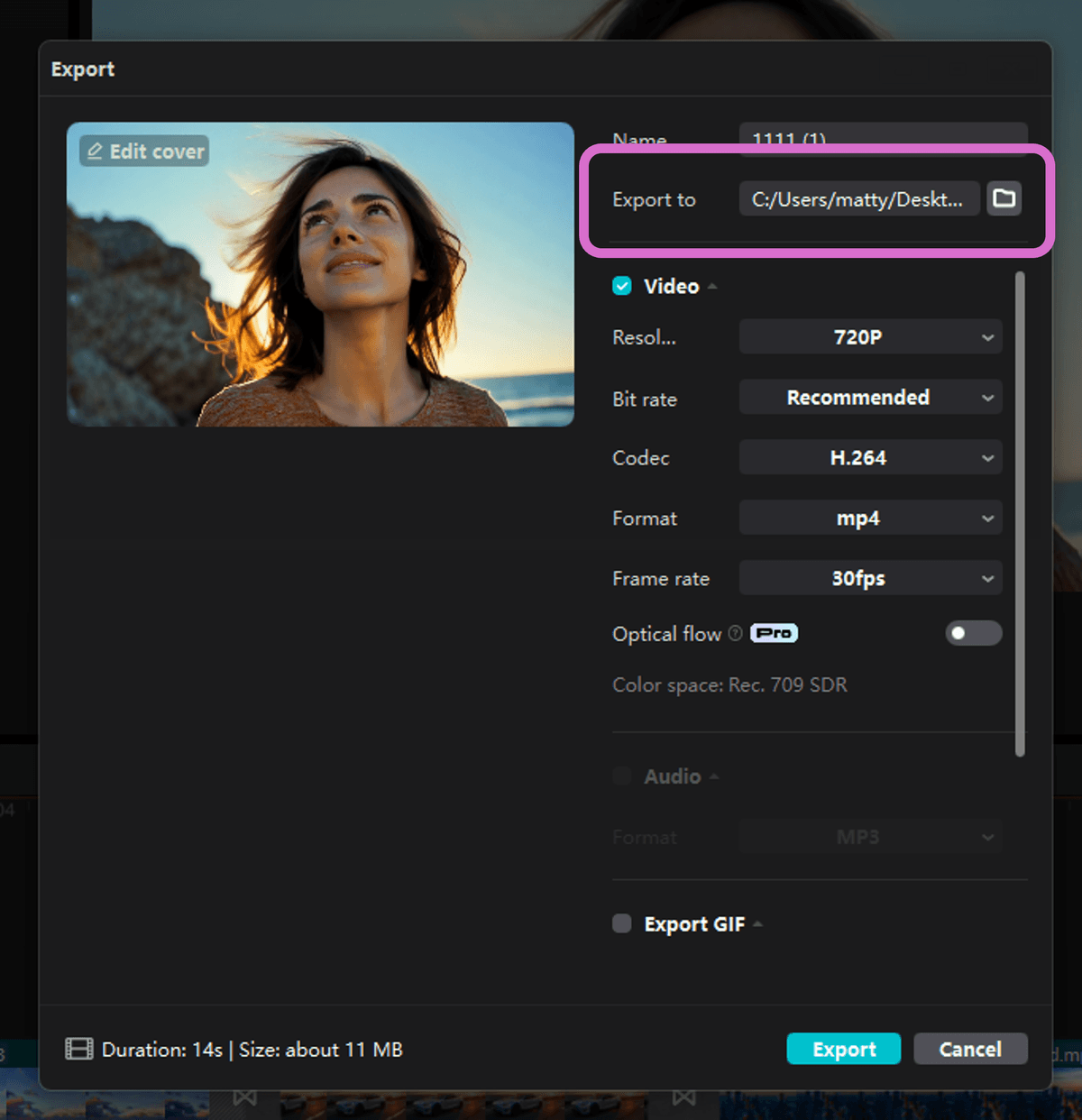 the Export to field location in CapCut desktop