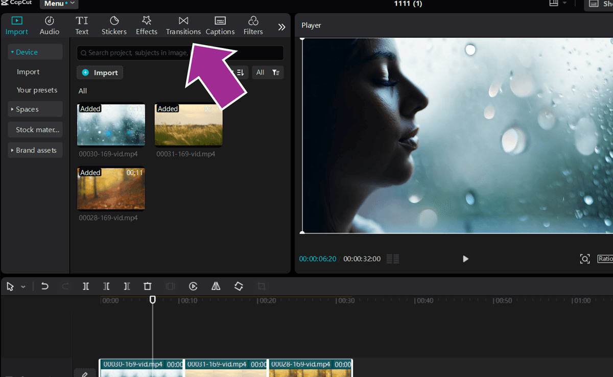 Adding transitions in the CapCut desktop app