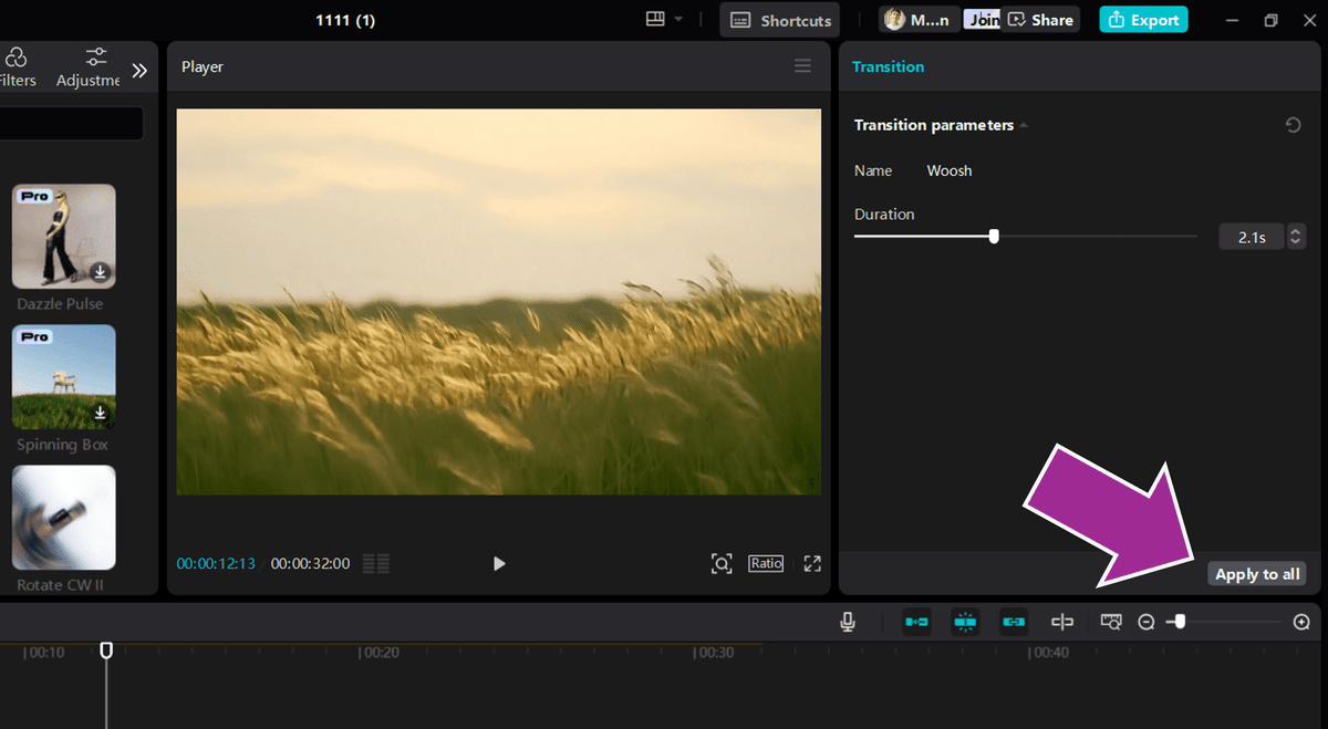 how to apply transitions to all clips in CapCut desktop app