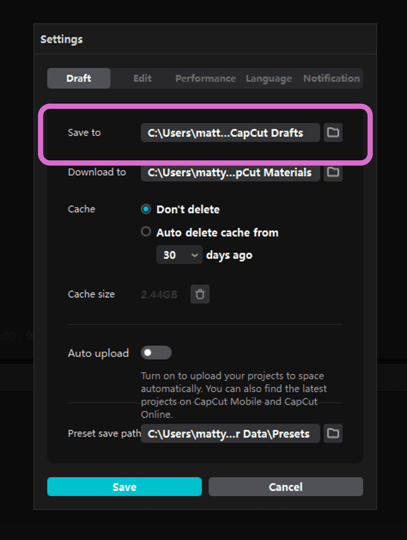 CapCut video project save path on PC