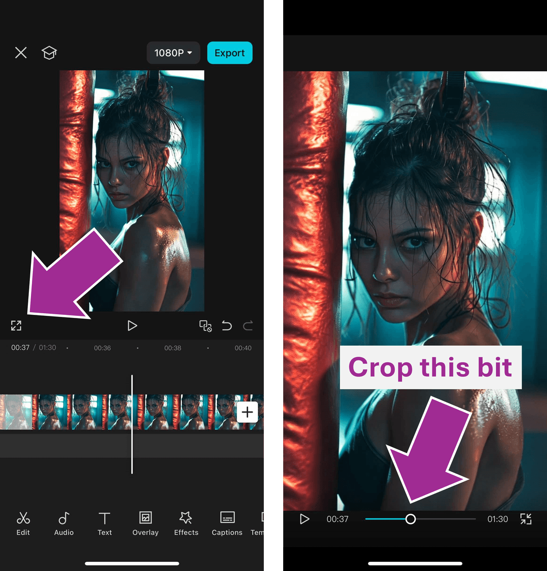 Location of the full screen icon in CapCut mobile app