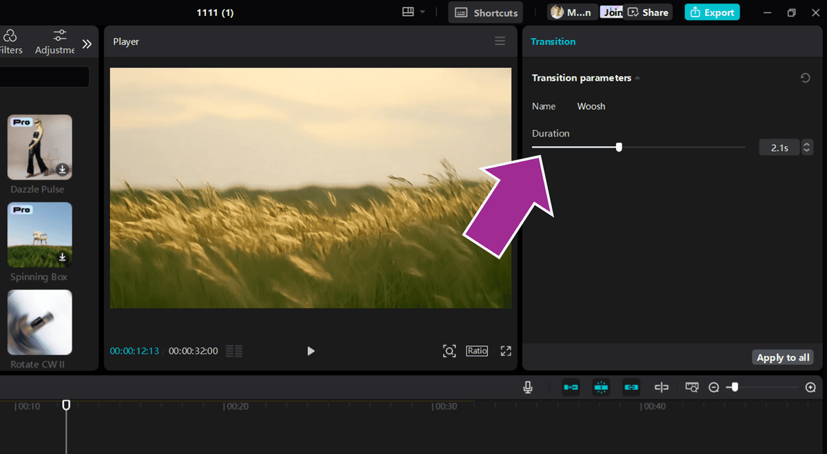 Making a transition longer in CapCut desktop