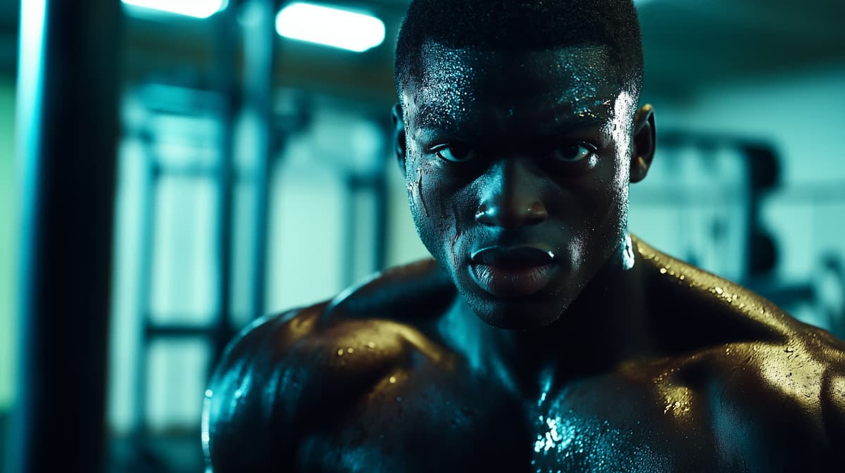 A moody, cinematic color grade on a muscular man drenched in sweat after a workout