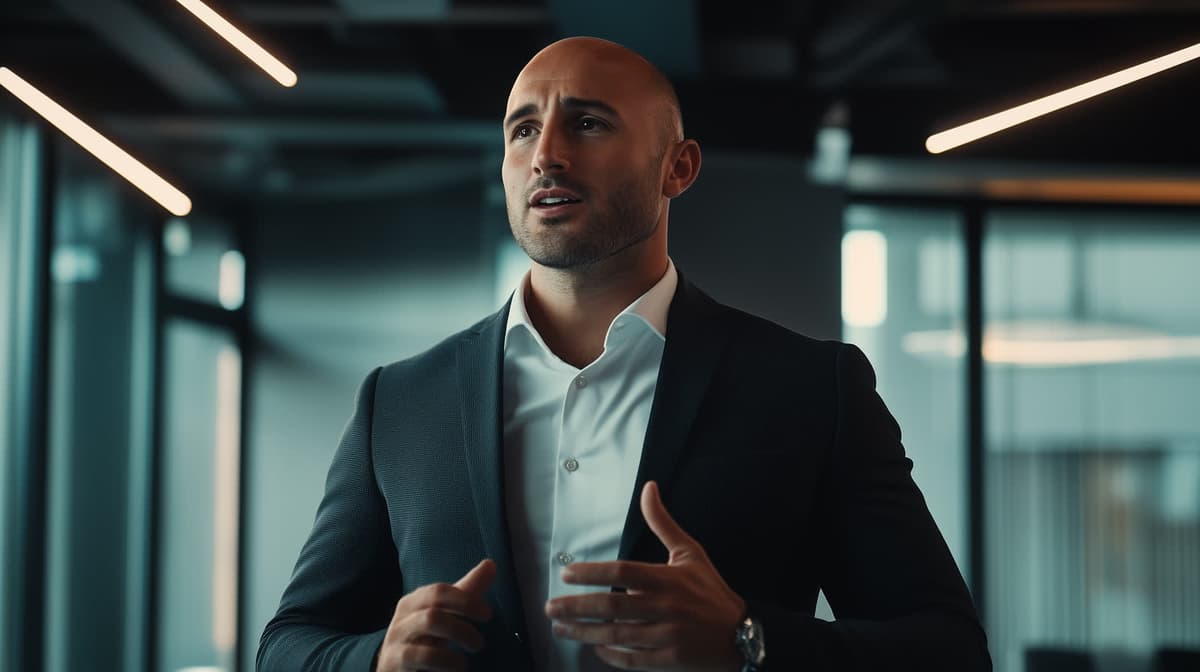 motivational video YouTube thumbnail example showing a confident business man working