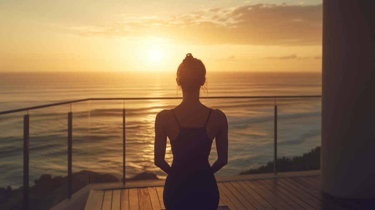 A woman meditates on a balcony as the sun rises over the ocean