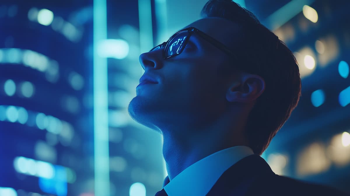 A young man looks up around him in the city, surrounded by sky scrapers