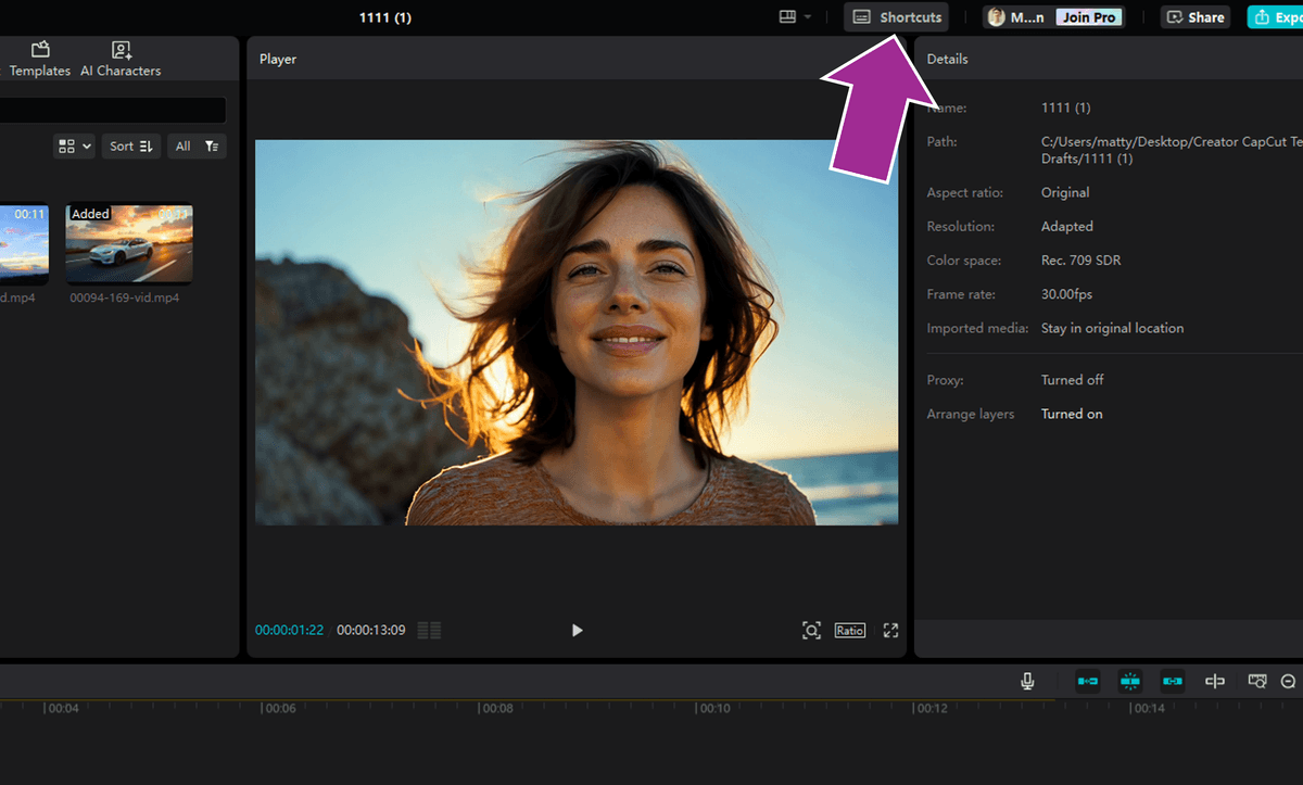 location of the Shortcuts button in CapCut desktop
