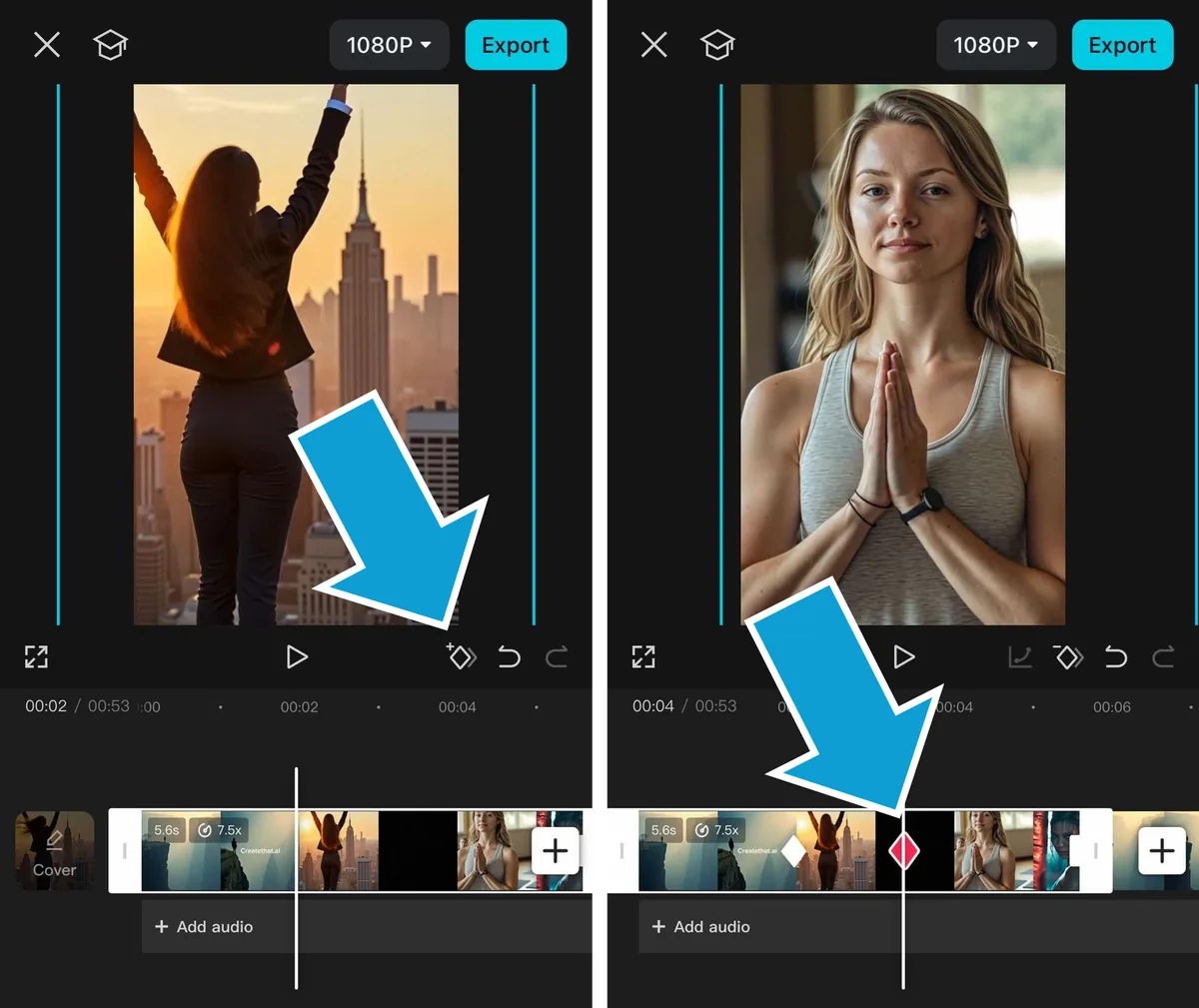 Keyframe buttons in the CapCut mobile interface