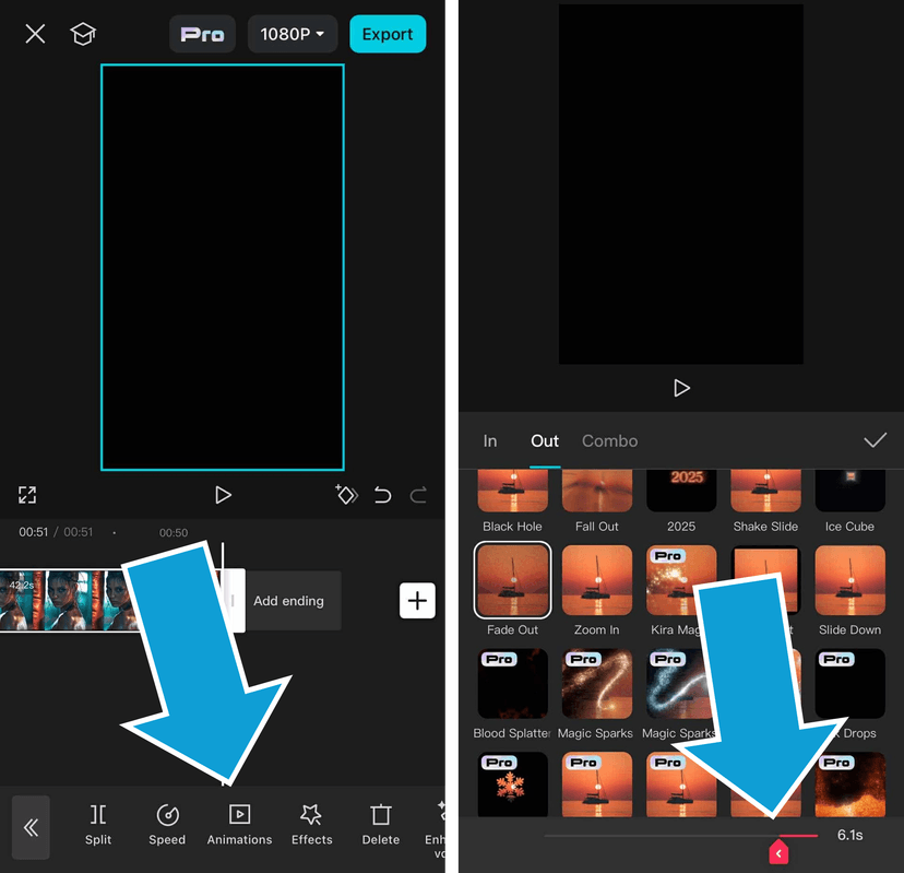 adding video fades on the CapCut mobile app