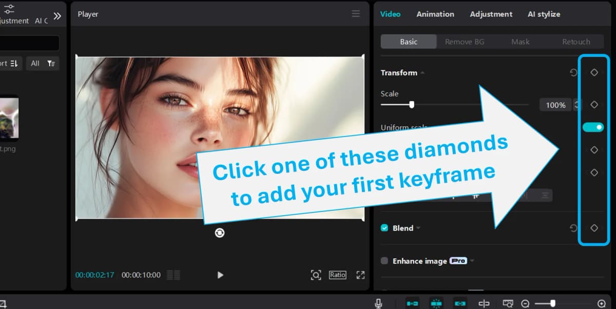 Location of keyframe diamond shaped icons in the CapCut desktop app