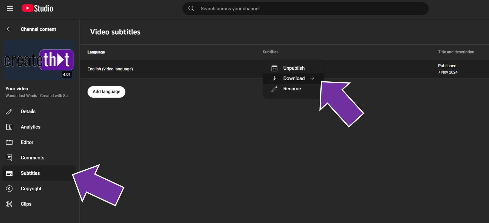 Where to Download SRT subtitles from YouTube Studio