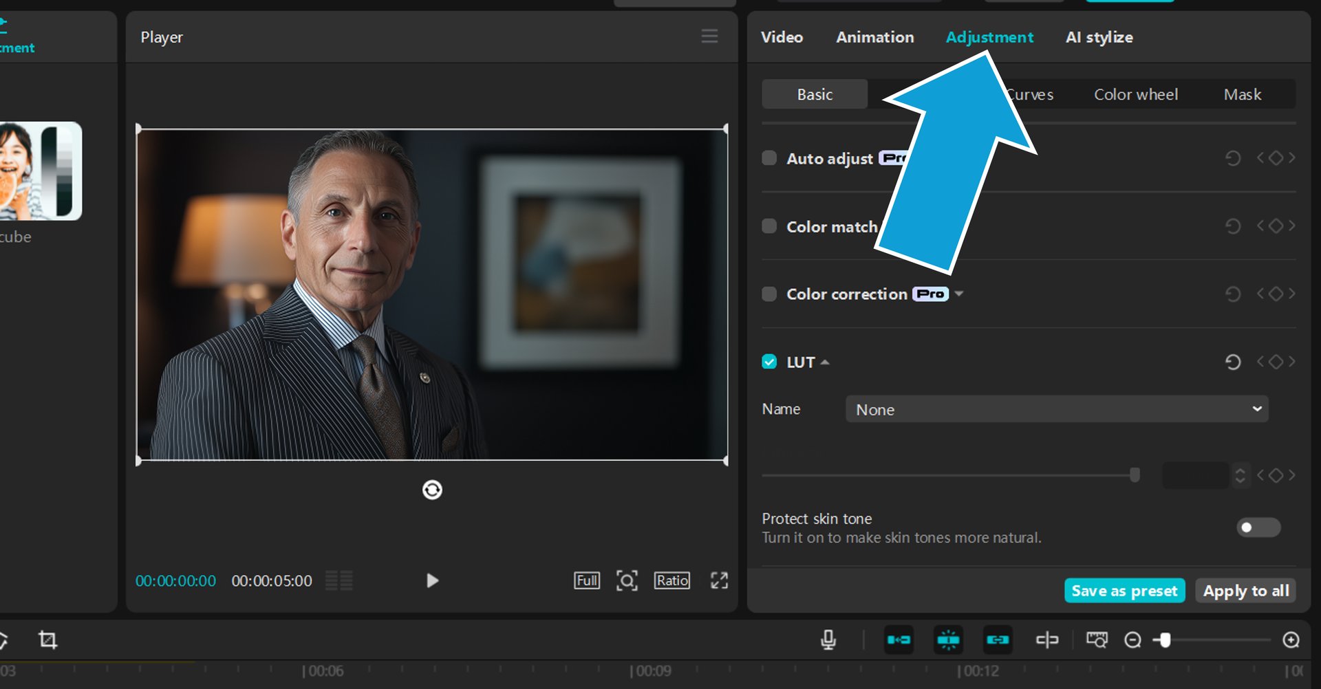 Accessing the Adjustment panel in CapCut