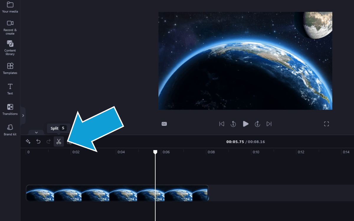 Location of the Split icon in Clipchamp